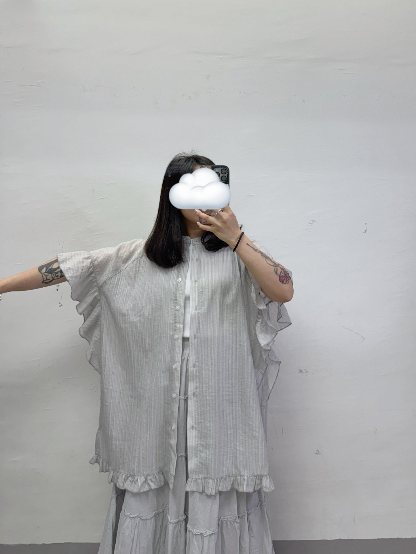 【SALE】暗直紋ruffle袖半透oversize top/外襯丨3 col