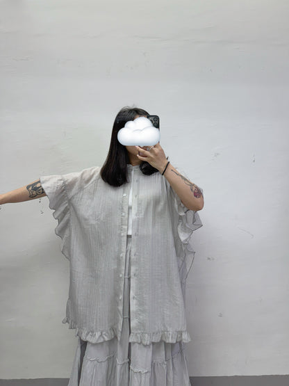 【SALE】暗直紋ruffle袖半透oversize top/外襯丨3 col