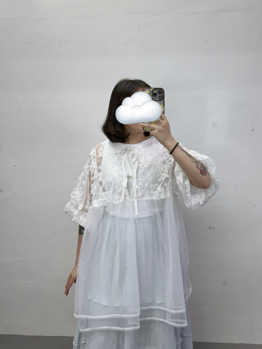 【SALE】氣球袖花花拼紗外搭丨白