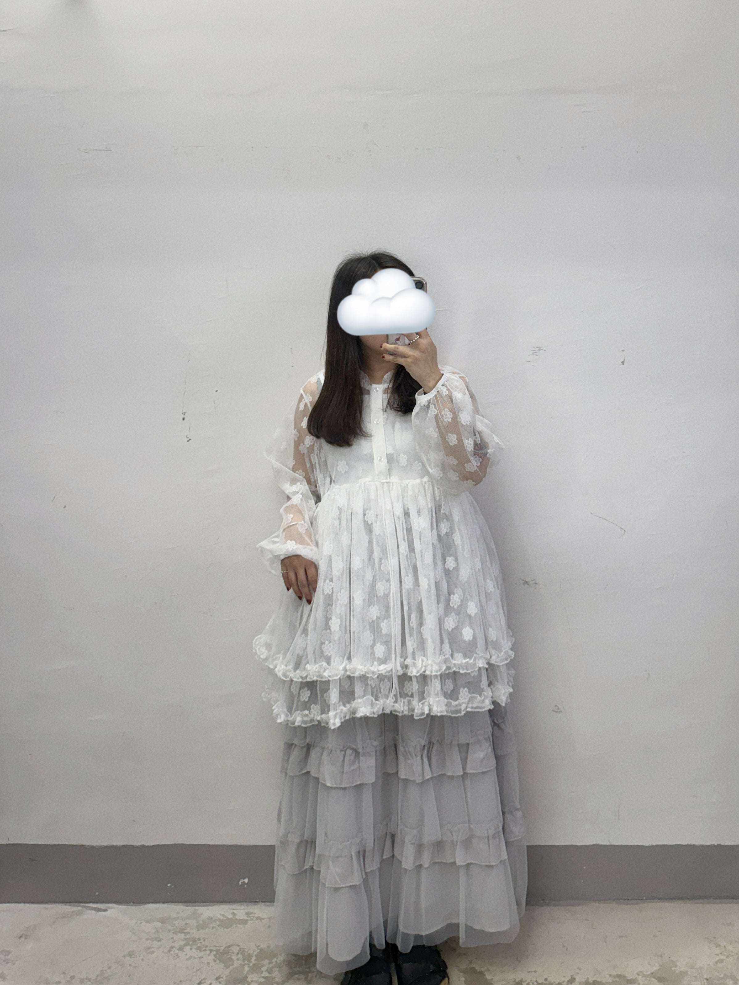 【SALE】花花紋雙層RUFFLE透紗外搭上衣丨黑