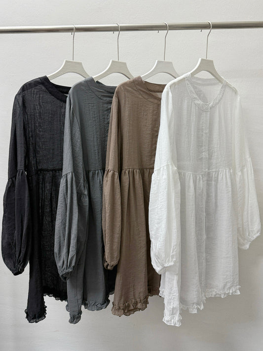 【SALE】下擺ruffle邊中長半透top丨白 啡