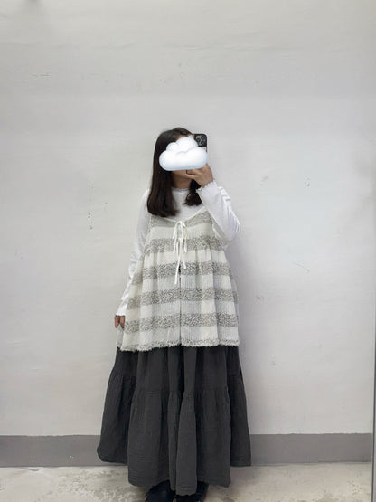 【SALE】拼色條紋針織綁帶外搭丨 啡