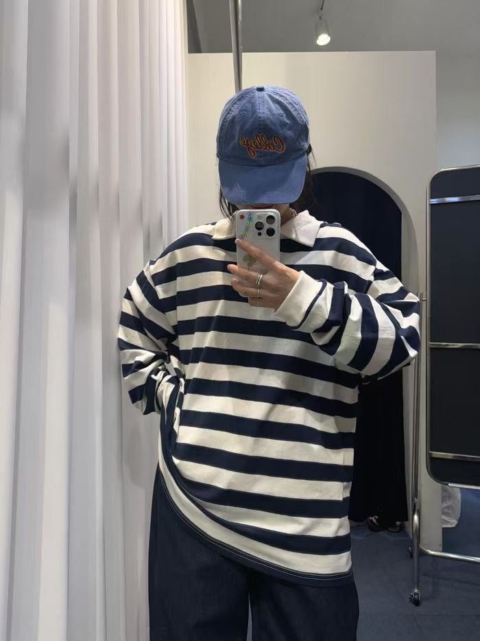 【SALE】反領條紋上衣丨灰