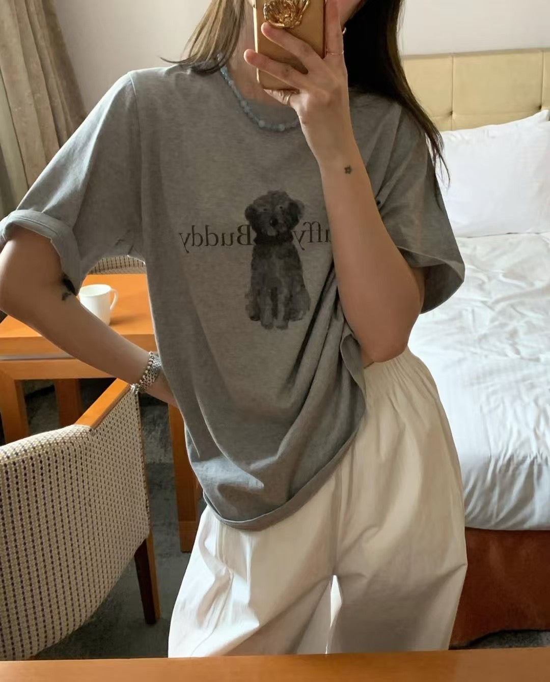 Fluffy buddy狗狗print tee丨白