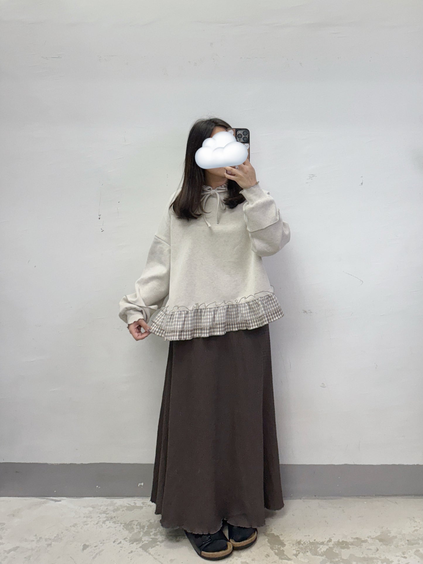 【SALE】下擺拼紗格紋有帽上衣丨3 col