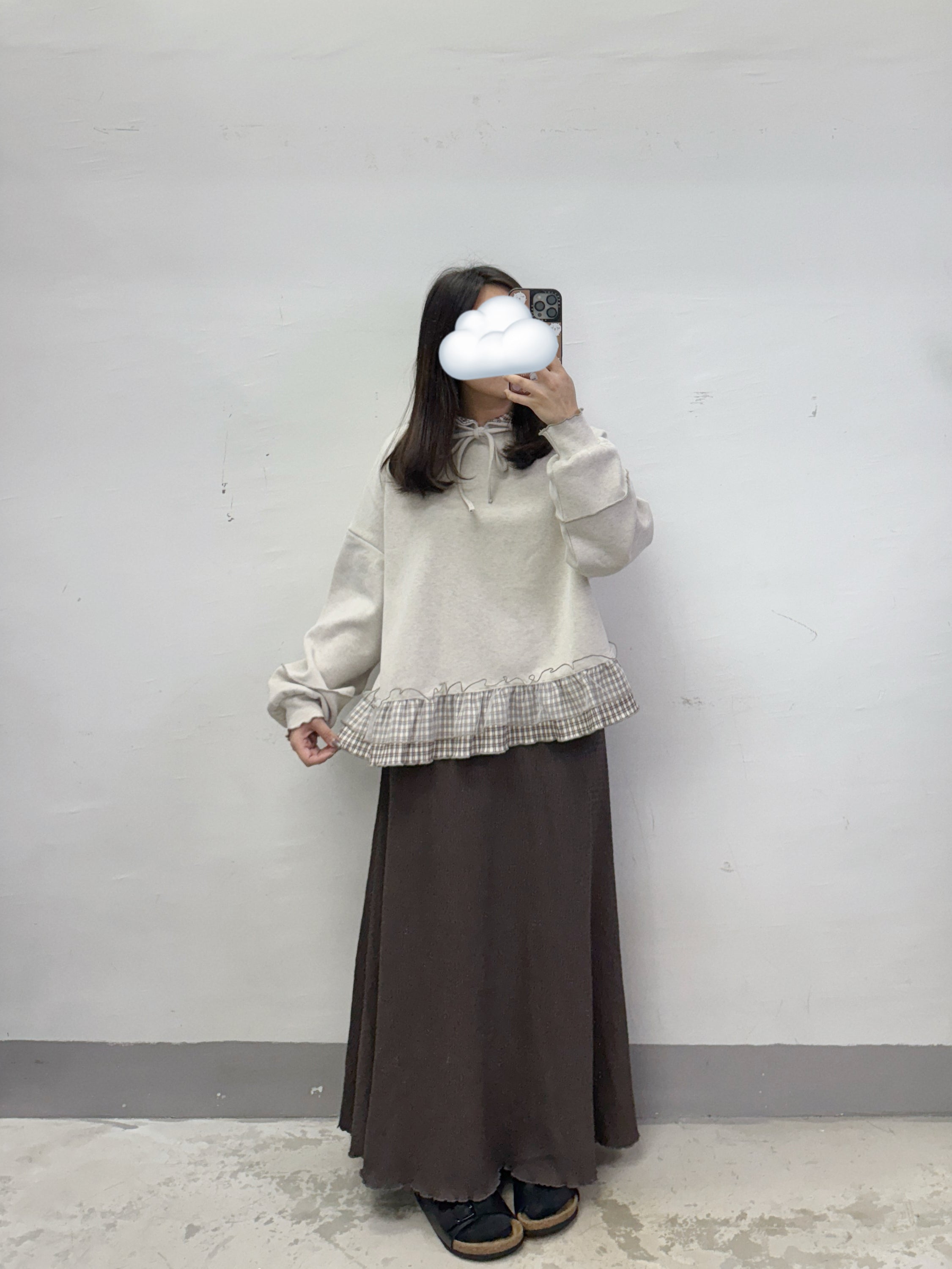 【SALE】下擺拼紗格紋有帽上衣丨藍