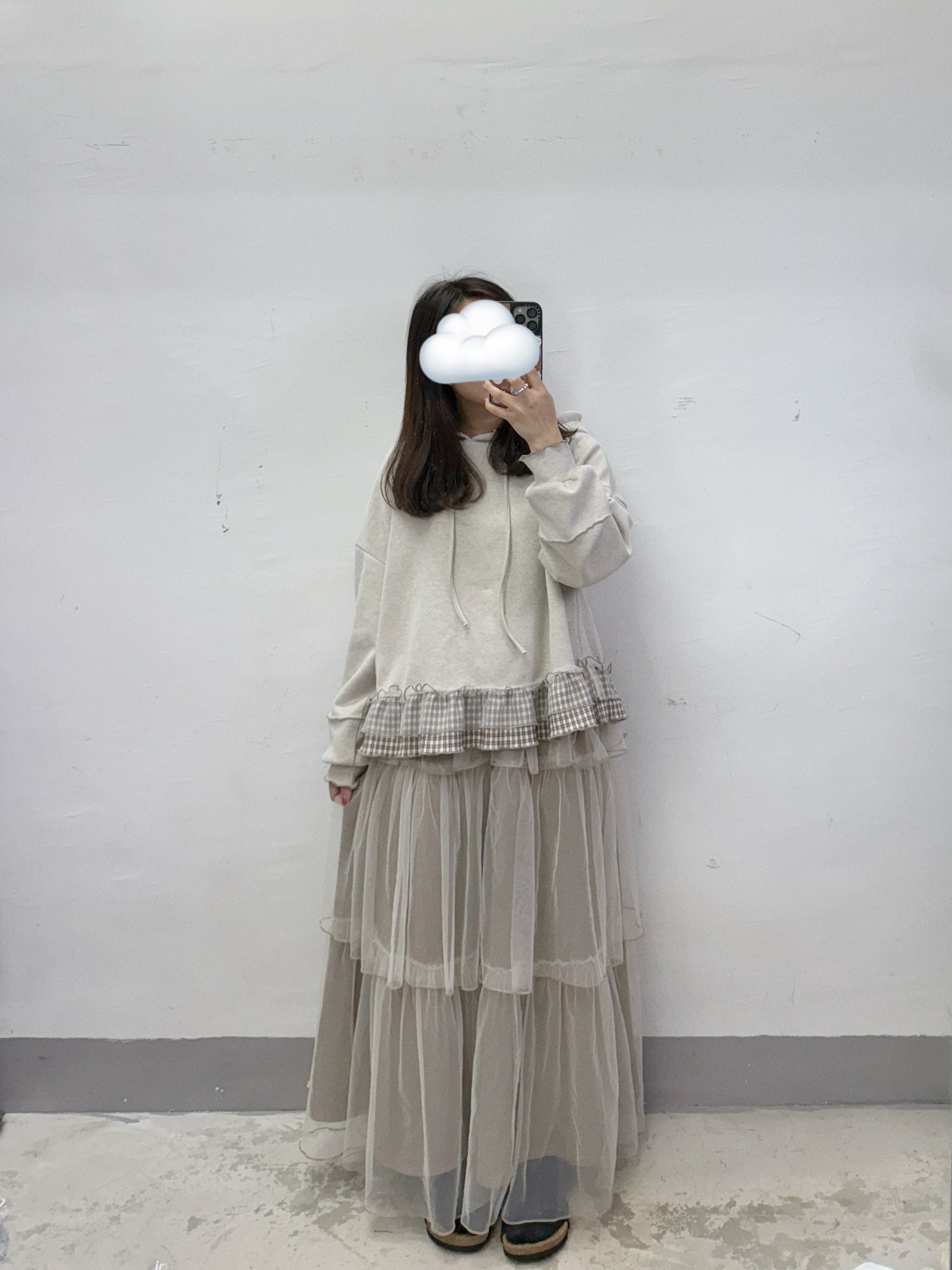 【SALE】下擺拼紗格紋有帽上衣丨藍