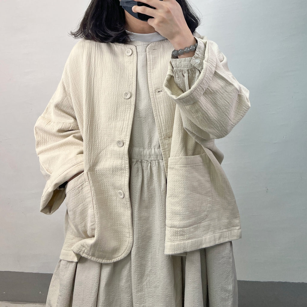 【SALE】挺身棉質凹凸質感口袋外套｜灰 杏
