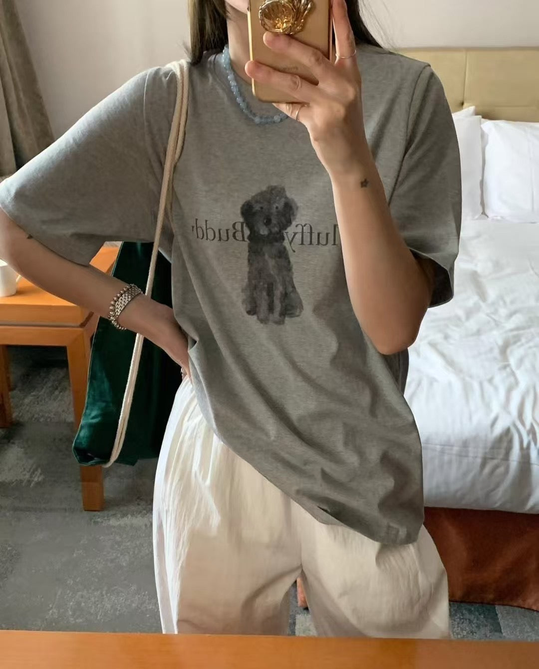 Fluffy buddy狗狗print tee丨白