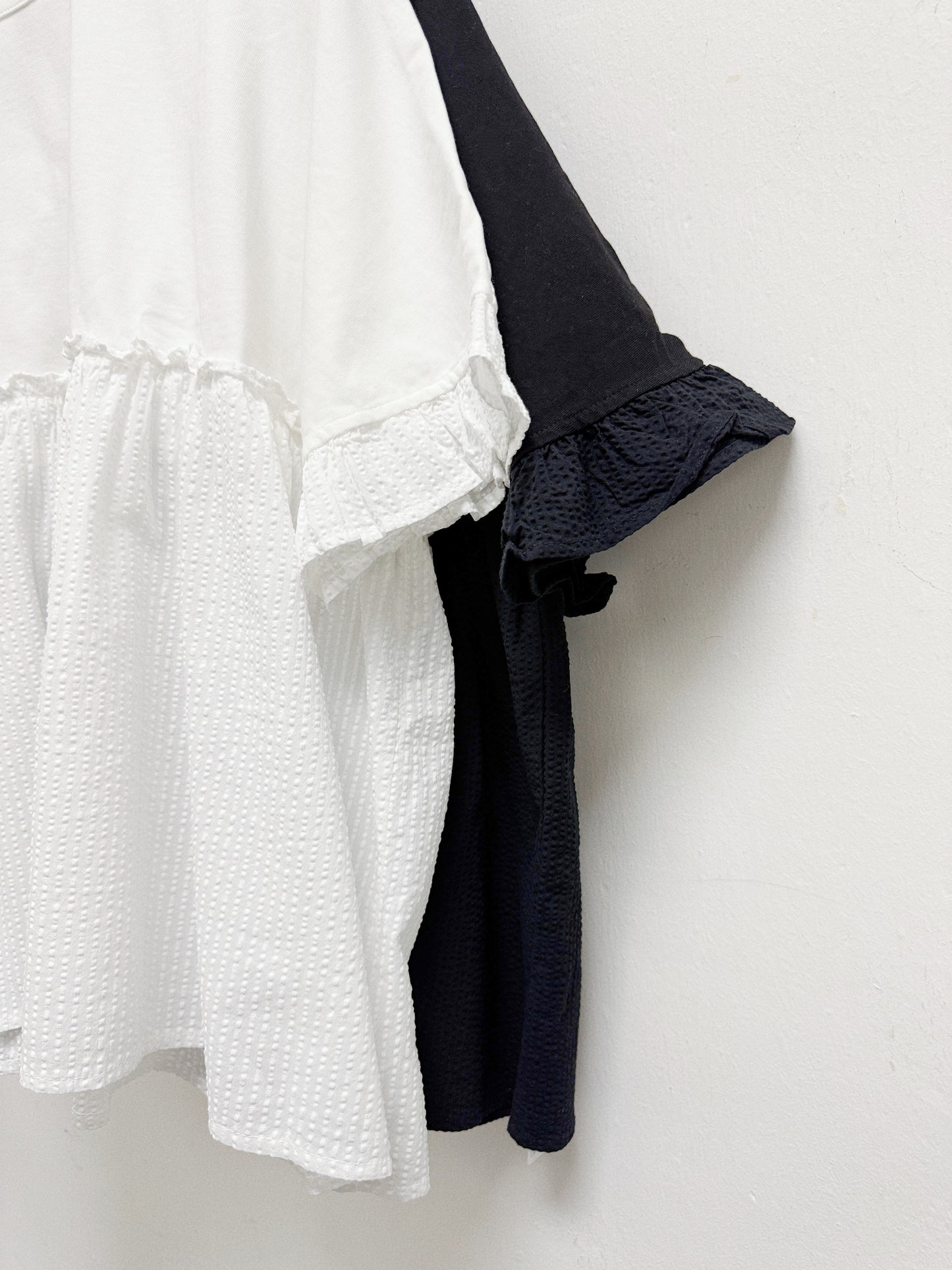 【新品優惠】ruffle袖拼布傘型上衣丨2 col