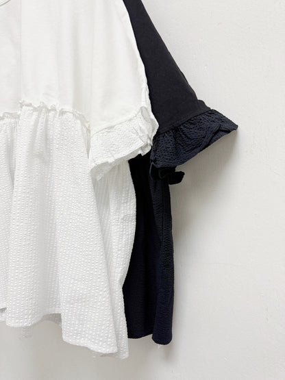 【新品優惠】ruffle袖拼布傘型上衣丨2 col
