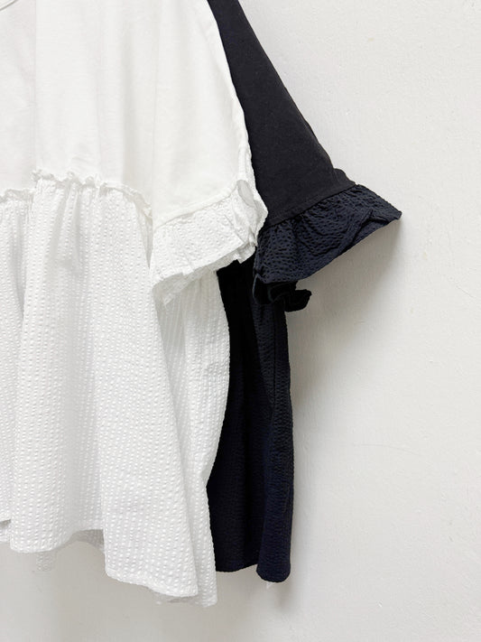 【新品優惠】ruffle袖拼布傘型上衣丨2 col