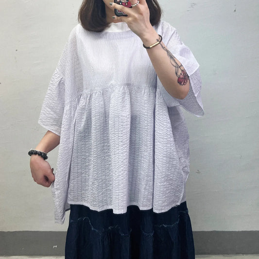 【SALE】暗條紋透薄傘型top｜米白