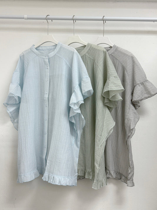 【SALE】暗直紋ruffle袖半透oversize top/外襯丨3 col
