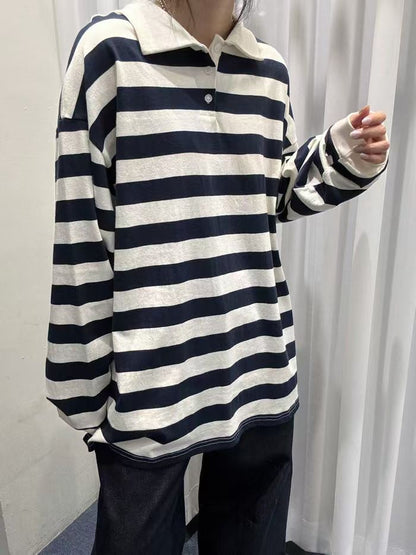 【SALE】反領條紋上衣丨灰