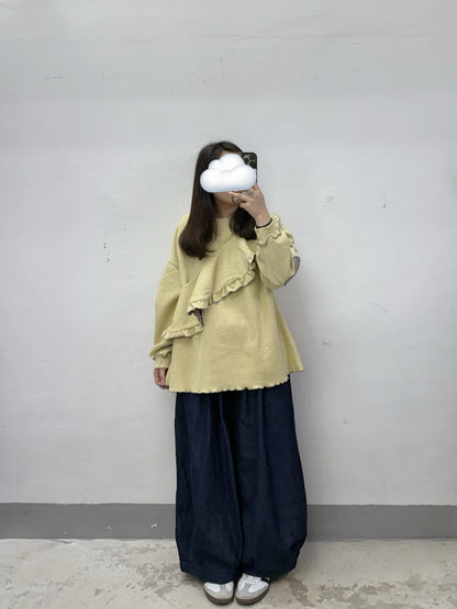 【SALE】綁帶娃娃領拼布花花袖上衣丨黃