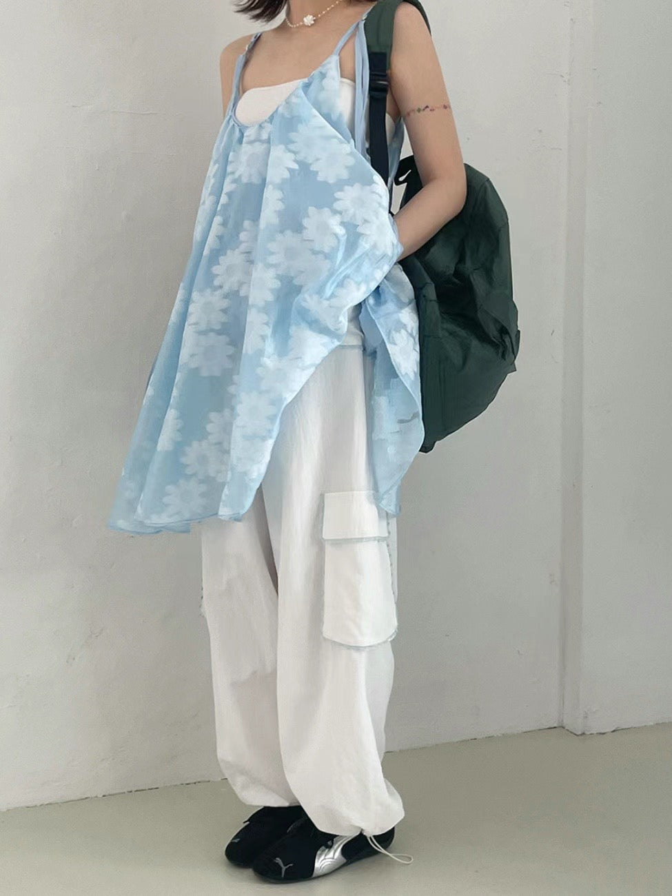 【SALE】花花紋綁帶蝴蝶結ops｜粉 米白