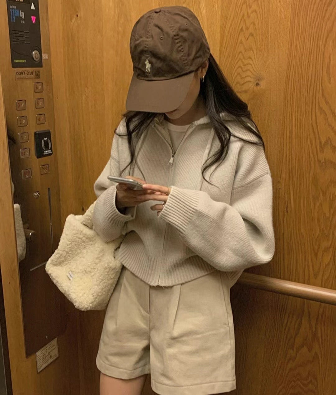 針織有帽拉鍊外套｜卡其