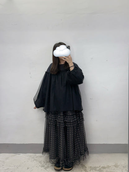 【SALE】暗條紋拼紗上衣丨紫