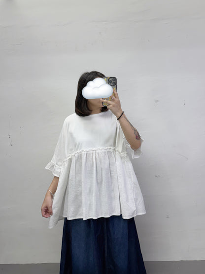 【新品優惠】ruffle袖拼布傘型上衣丨2 col