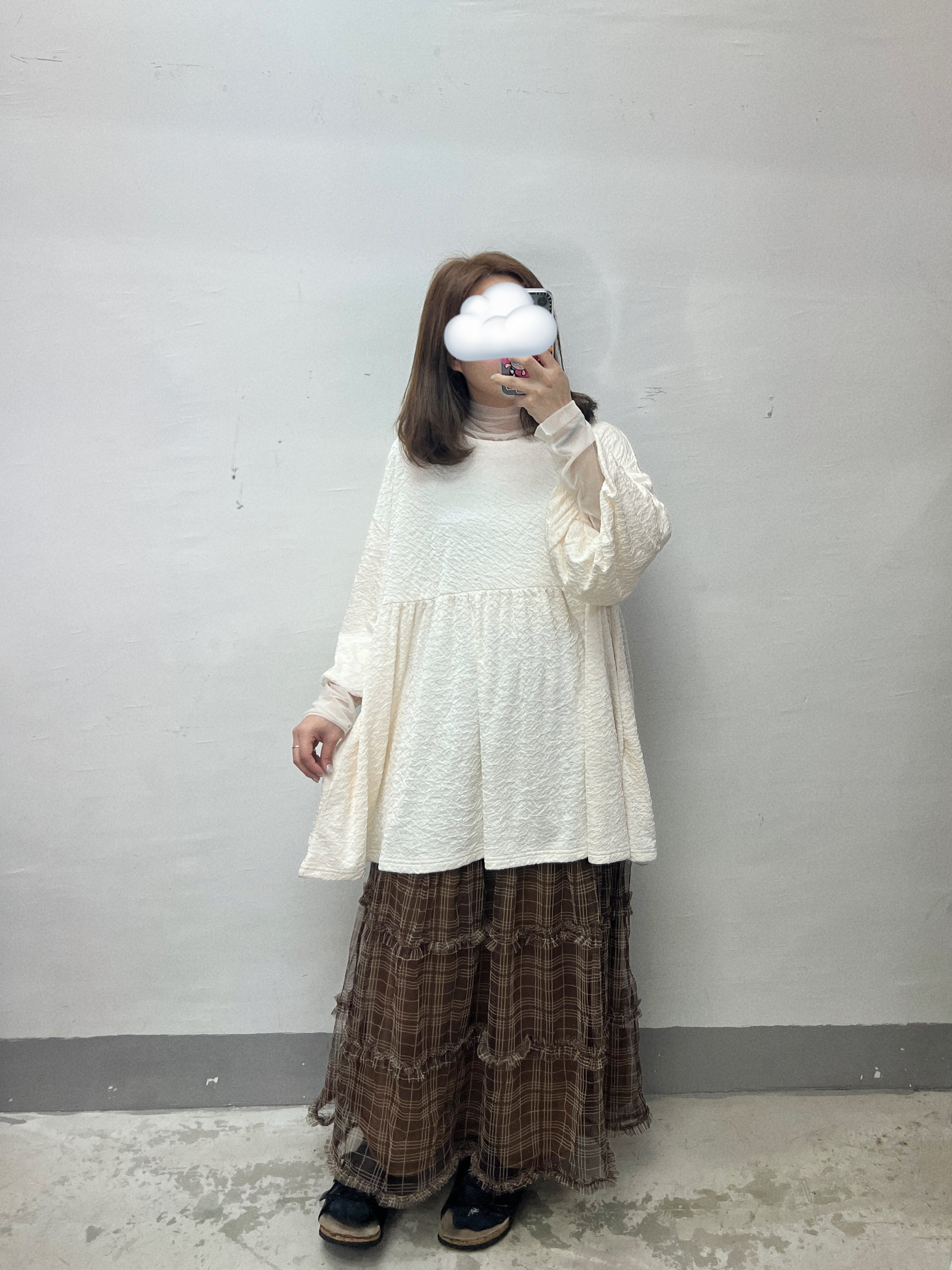 【SALE】皺皺紋微泡泡中袖top(有袋)｜4 col