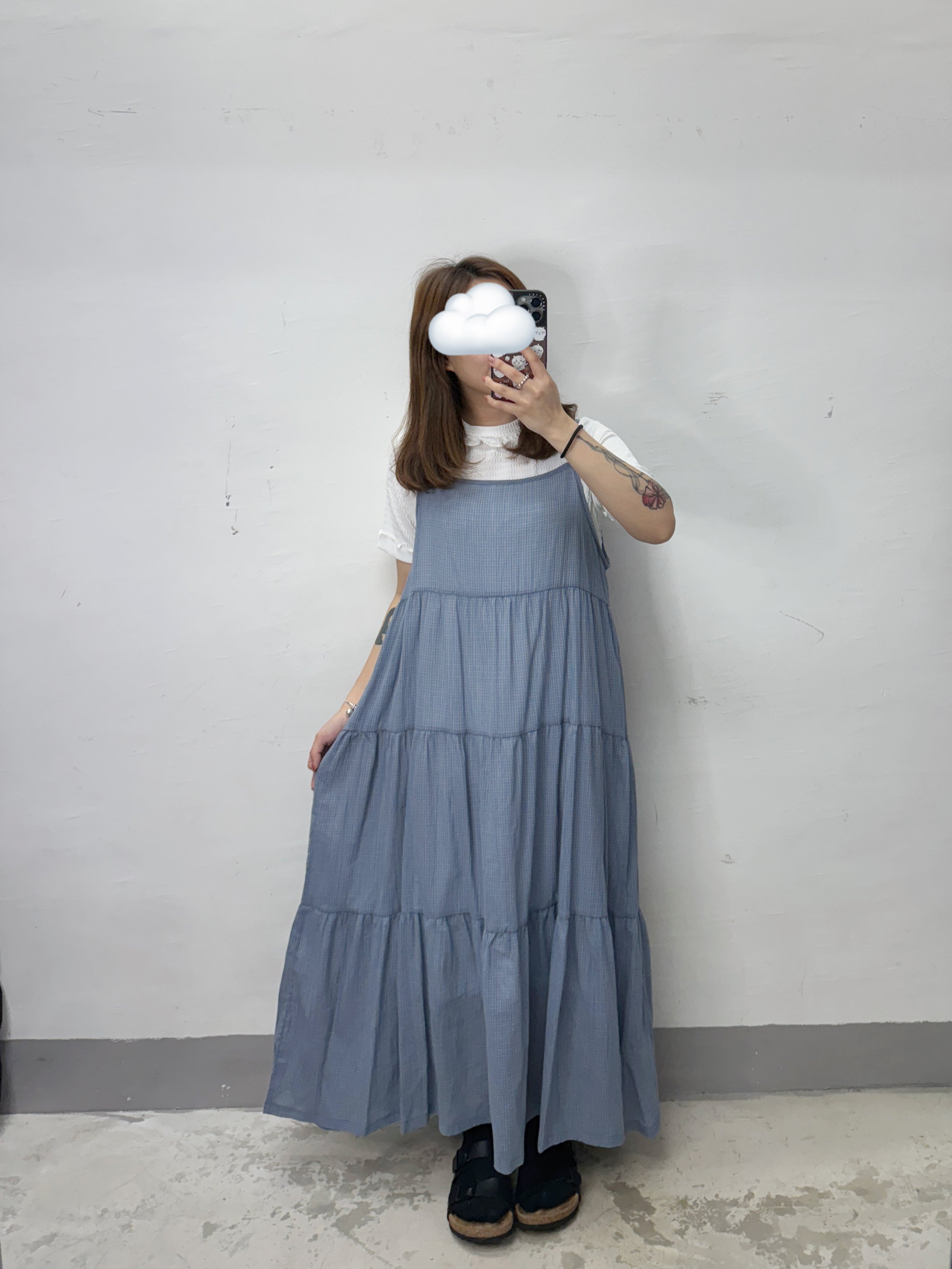 【SALE】格紋層層吊帶ops丨淺藍