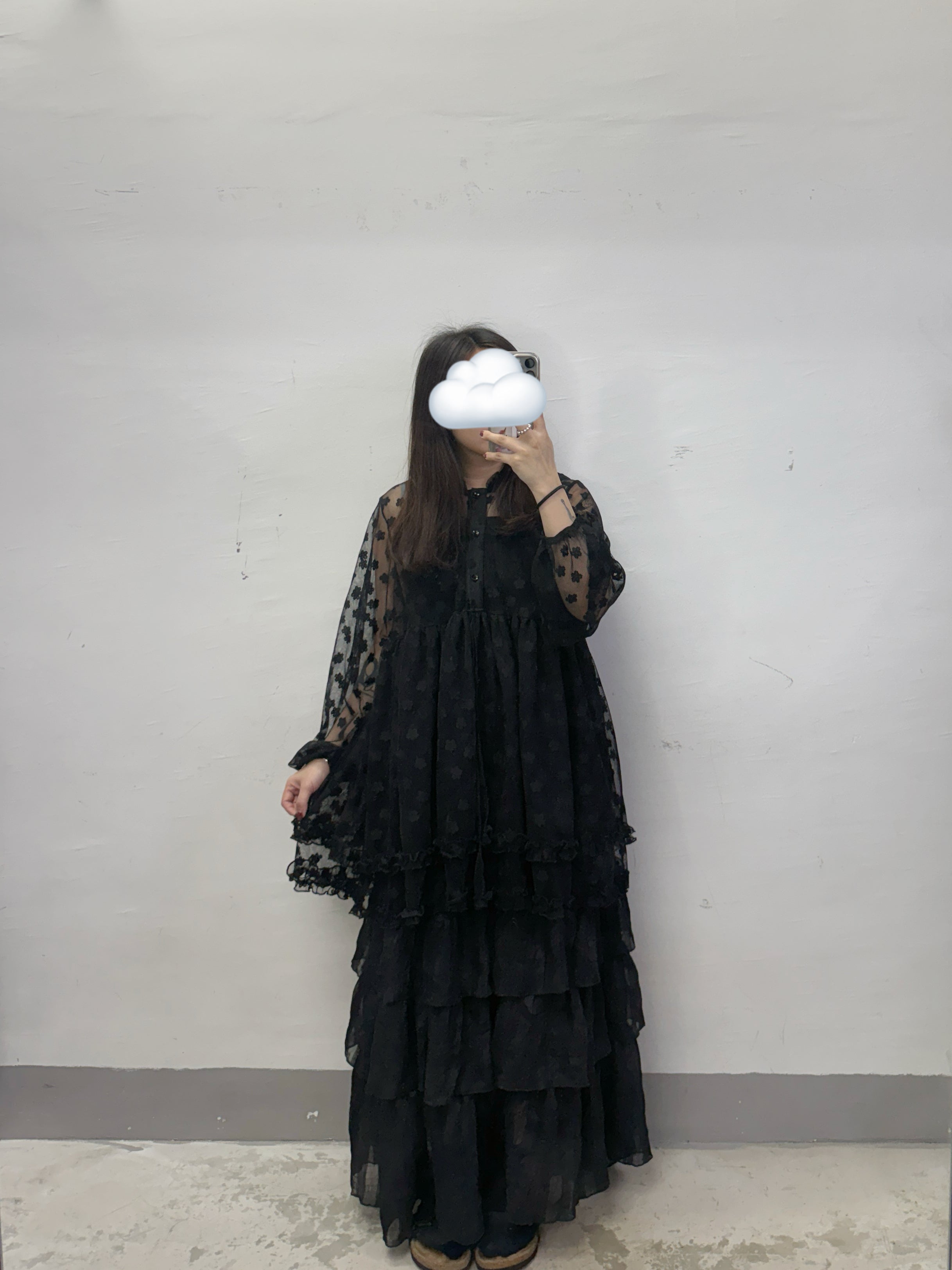 【SALE】花花紋雙層RUFFLE透紗外搭上衣丨黑