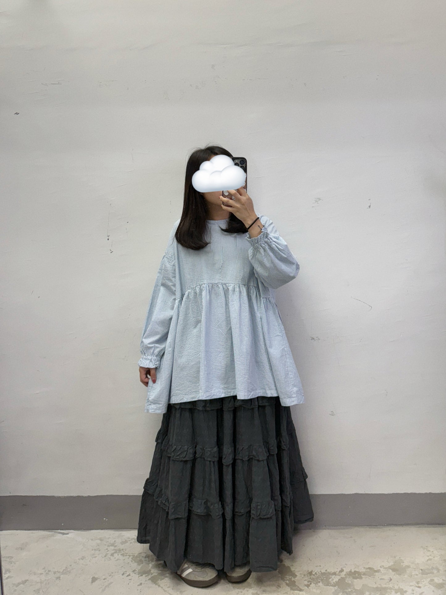 【SALE】橡筋束袖條紋娃娃上衣丨粉橙