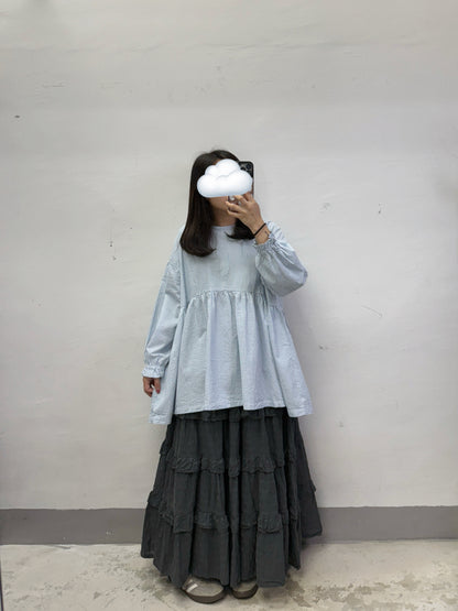 【SALE】橡筋束袖條紋娃娃上衣丨粉橙