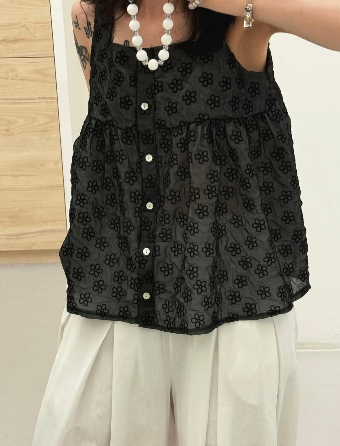【SALE】花花紋背心top丨黑
