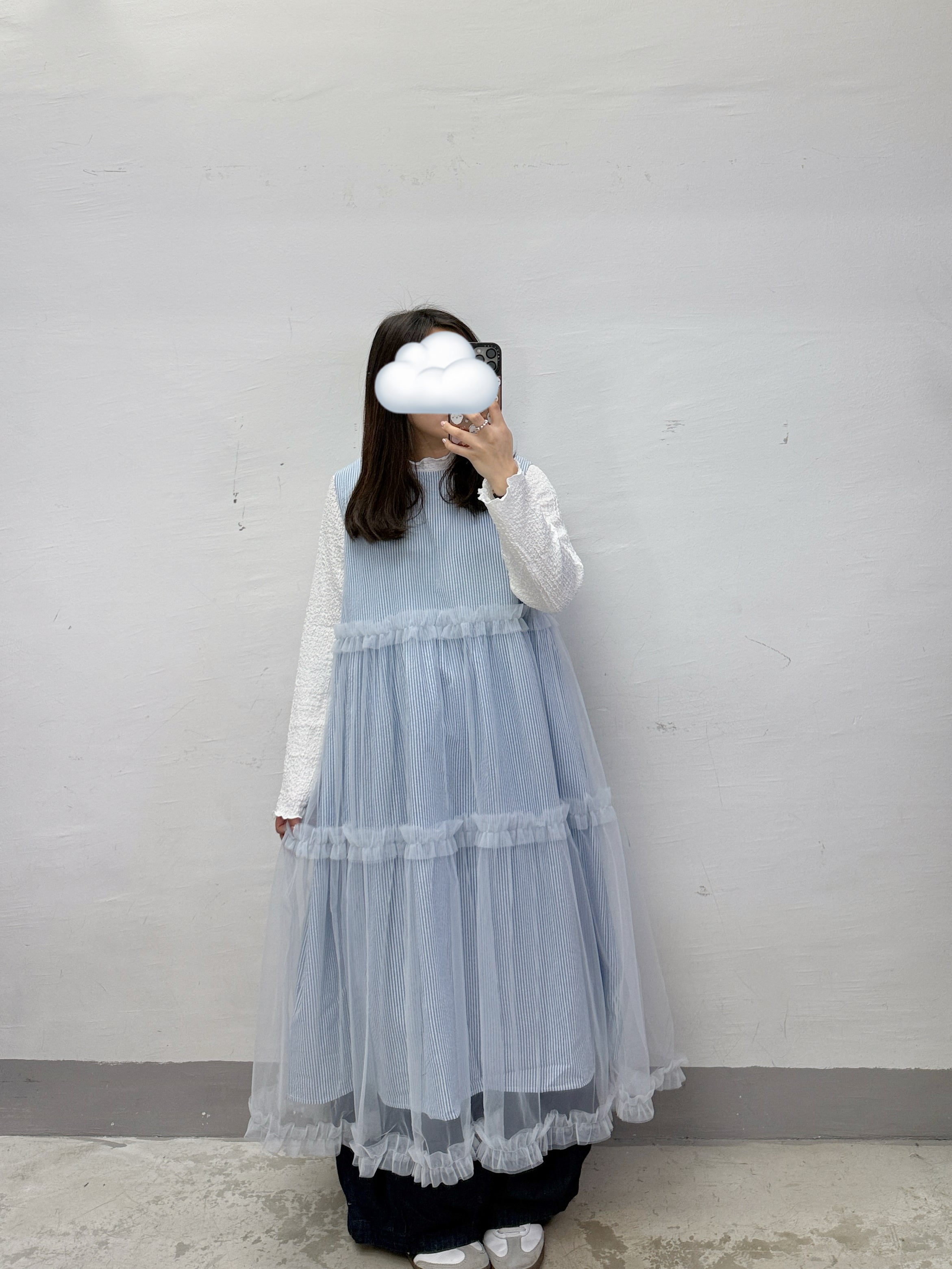 條紋拼紗ruffle邊ops丨2 col