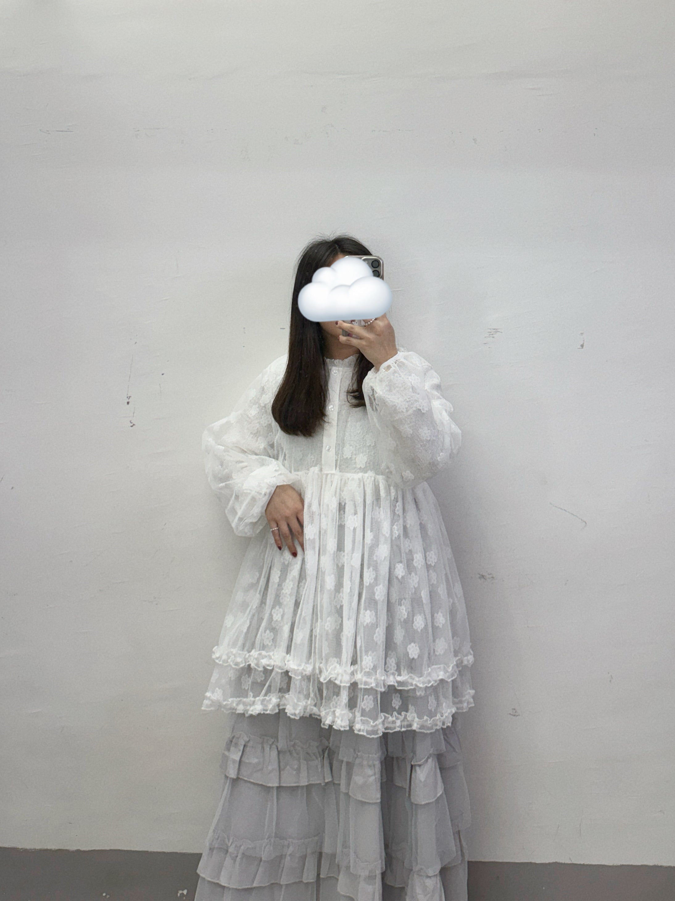 【SALE】花花紋雙層RUFFLE透紗外搭上衣丨黑