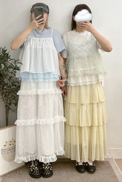 【SALE】花花紋ruffle邊層層裙丨黑