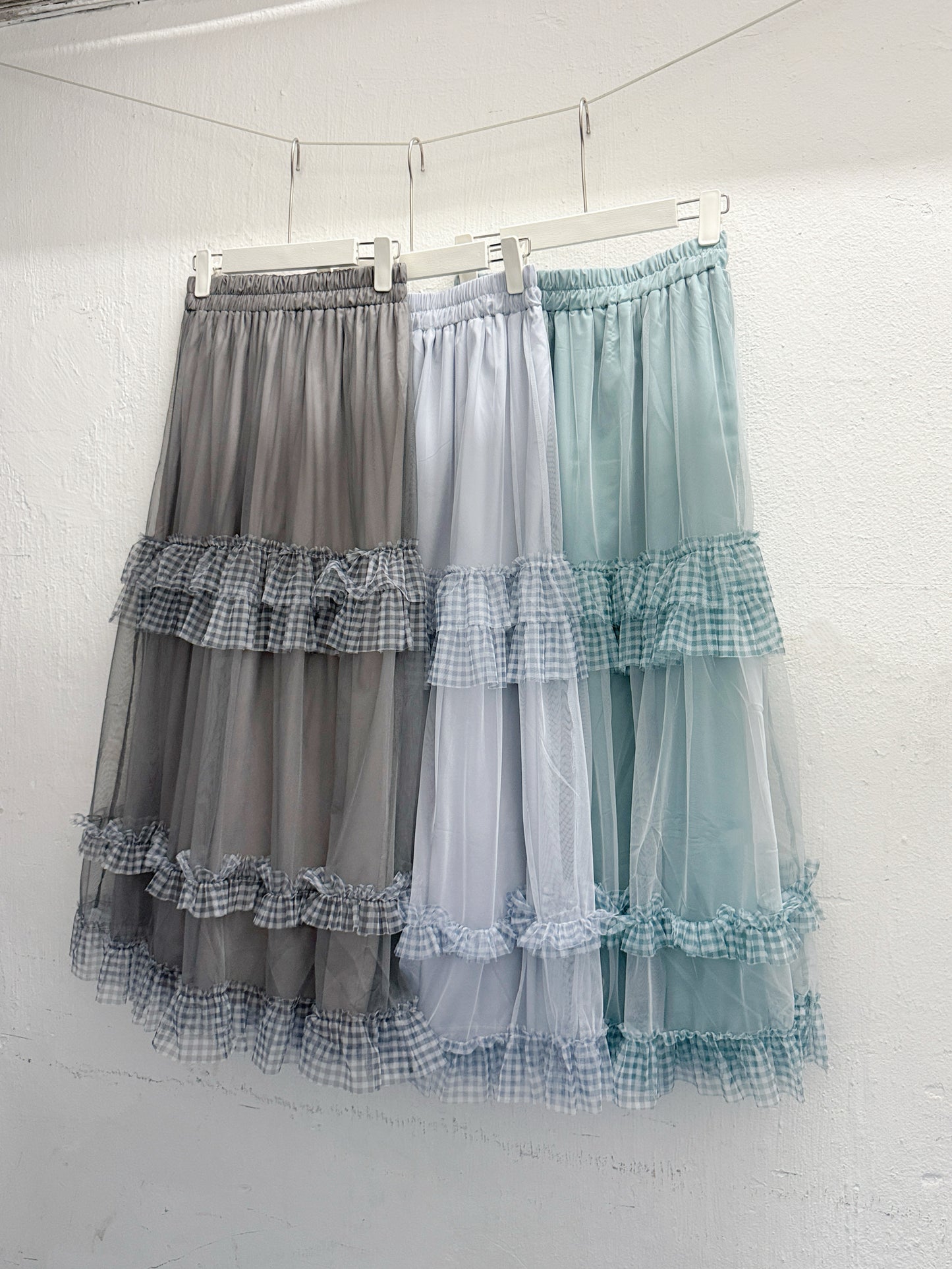 【新品優惠】拼格紋ruffle邊紗紗半身裙丨3 col