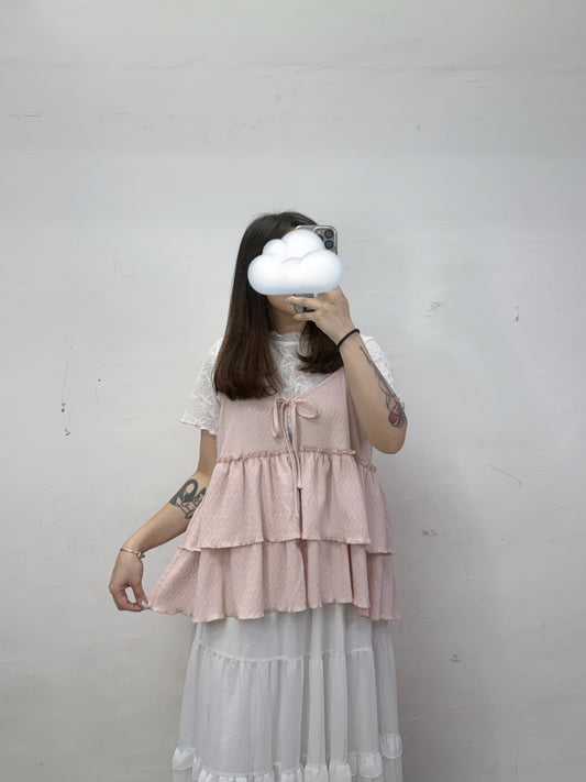 層層ruffle暗紋綁帶外搭丨粉