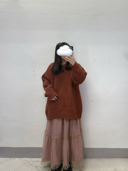 【SALE】泡泡棉格紋拼紗半身裙丨紅