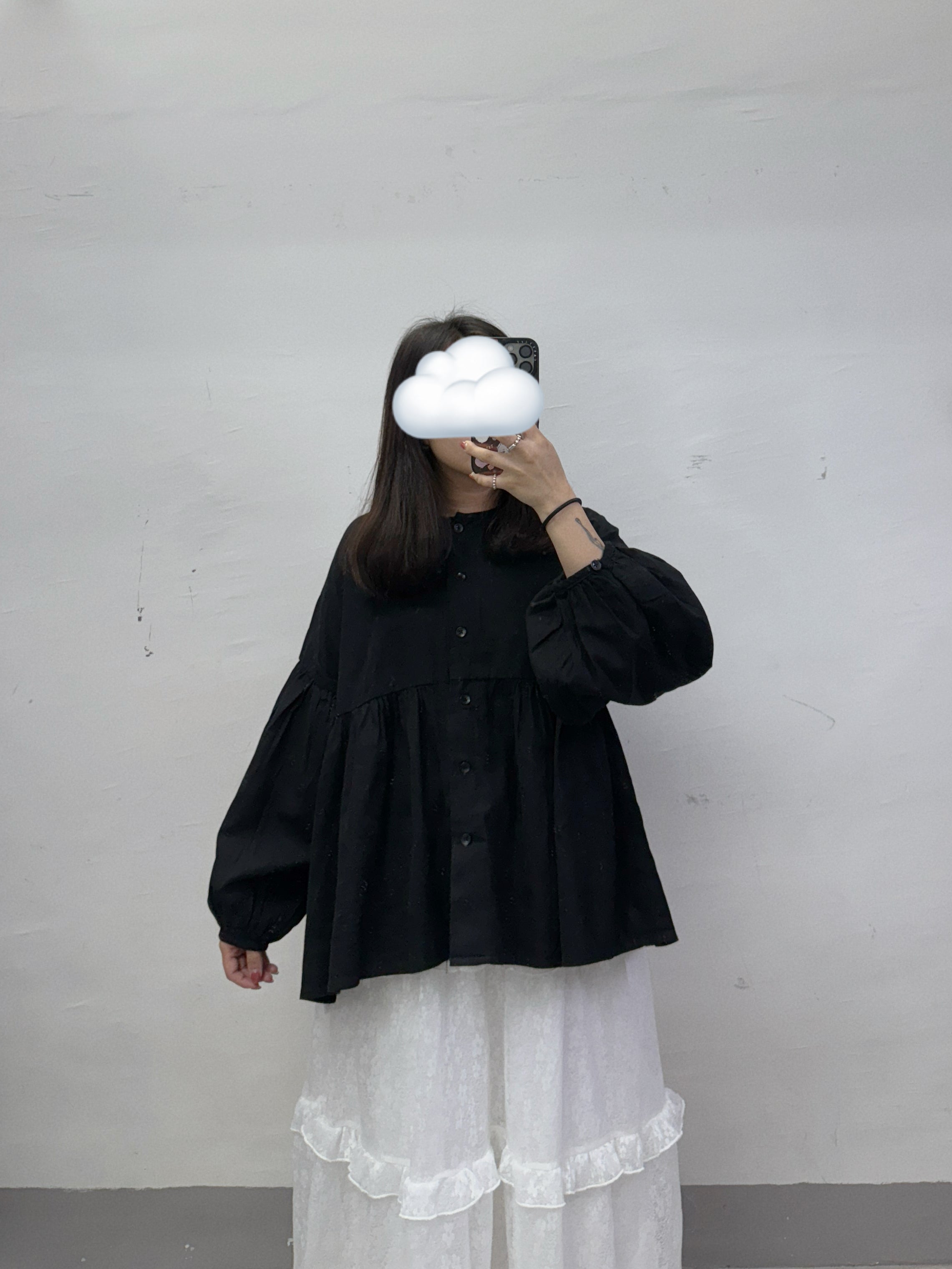 薄斜布泡泡袖開胸上衣丨3 col