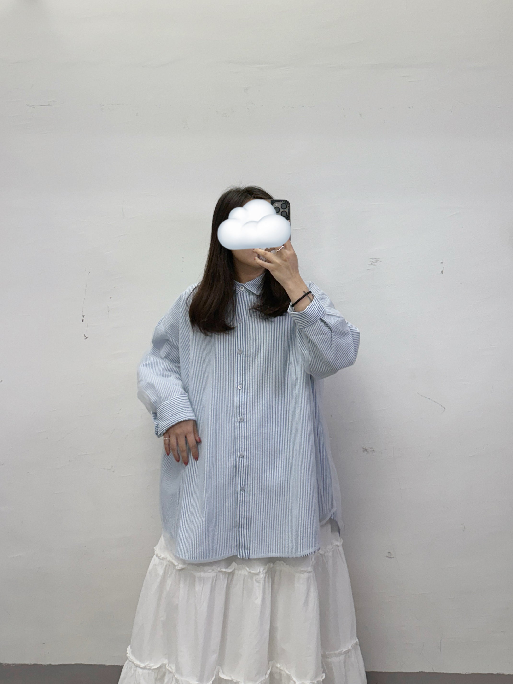 【SALE】條紋拼紗反領恤丨啡