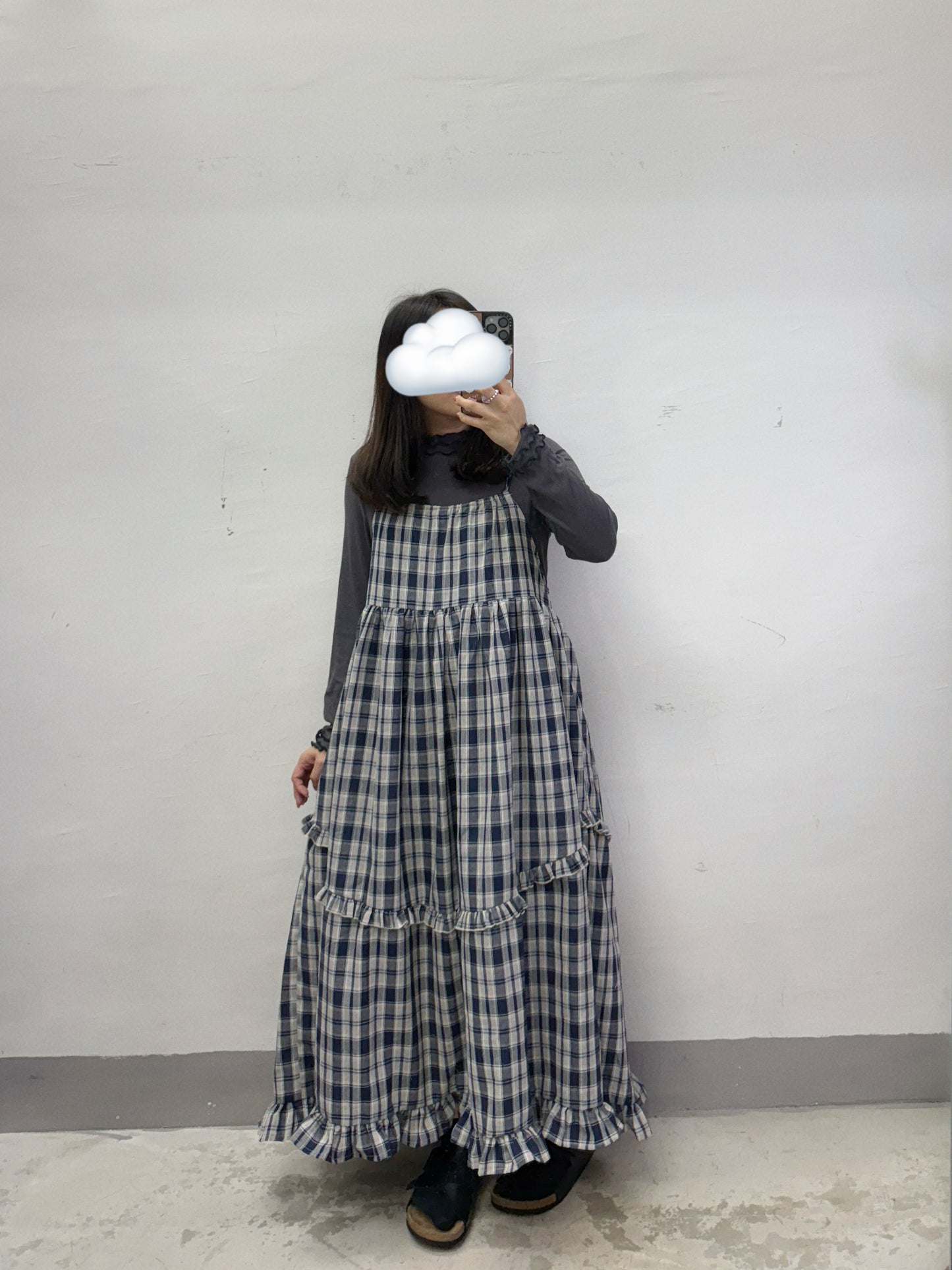 【SALE】棉麻格紋ruffle邊吊帶ops丨黑