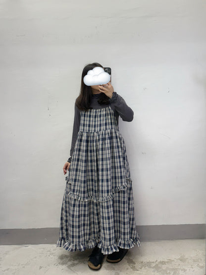 【SALE】棉麻格紋ruffle邊吊帶ops丨黑