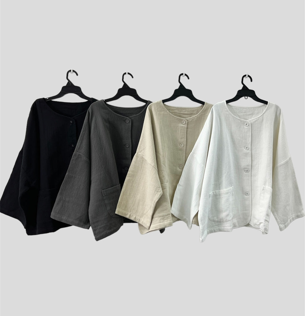 挺身棉質凹凸質感口袋外套｜灰