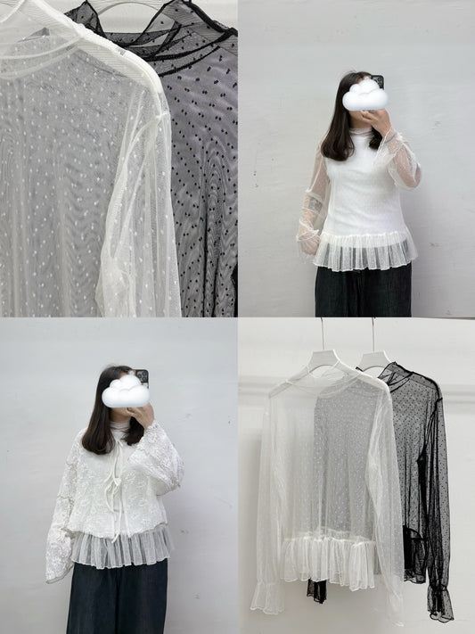 【SALE】點點透紗下擺ruffle top丨2 col