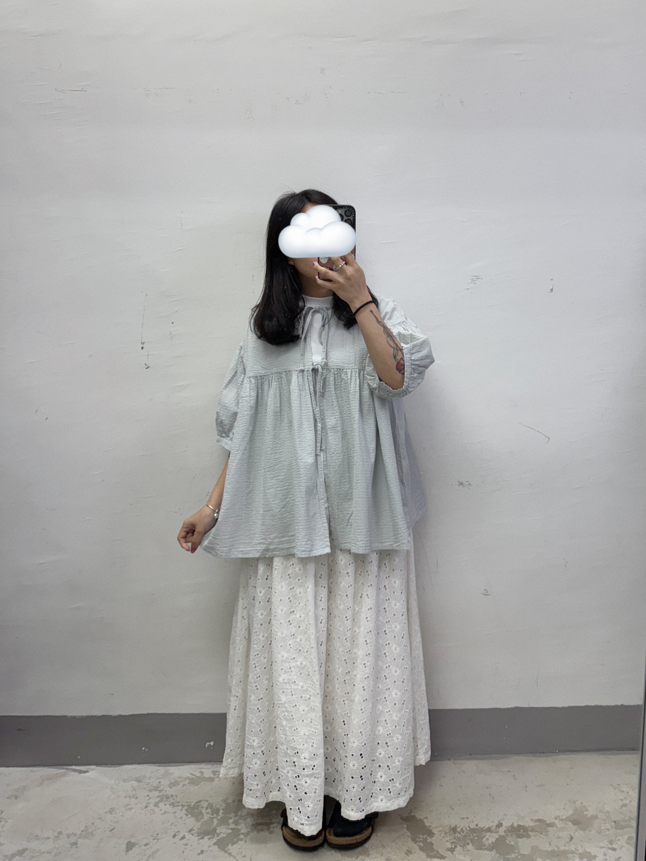 暗條紋綁帶蝴蝶結top丨灰藍