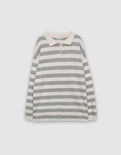 【SALE】反領條紋上衣丨灰