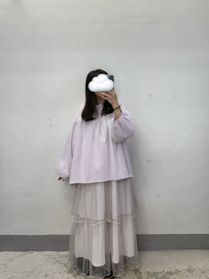 【SALE】暗條紋拼紗上衣丨紫