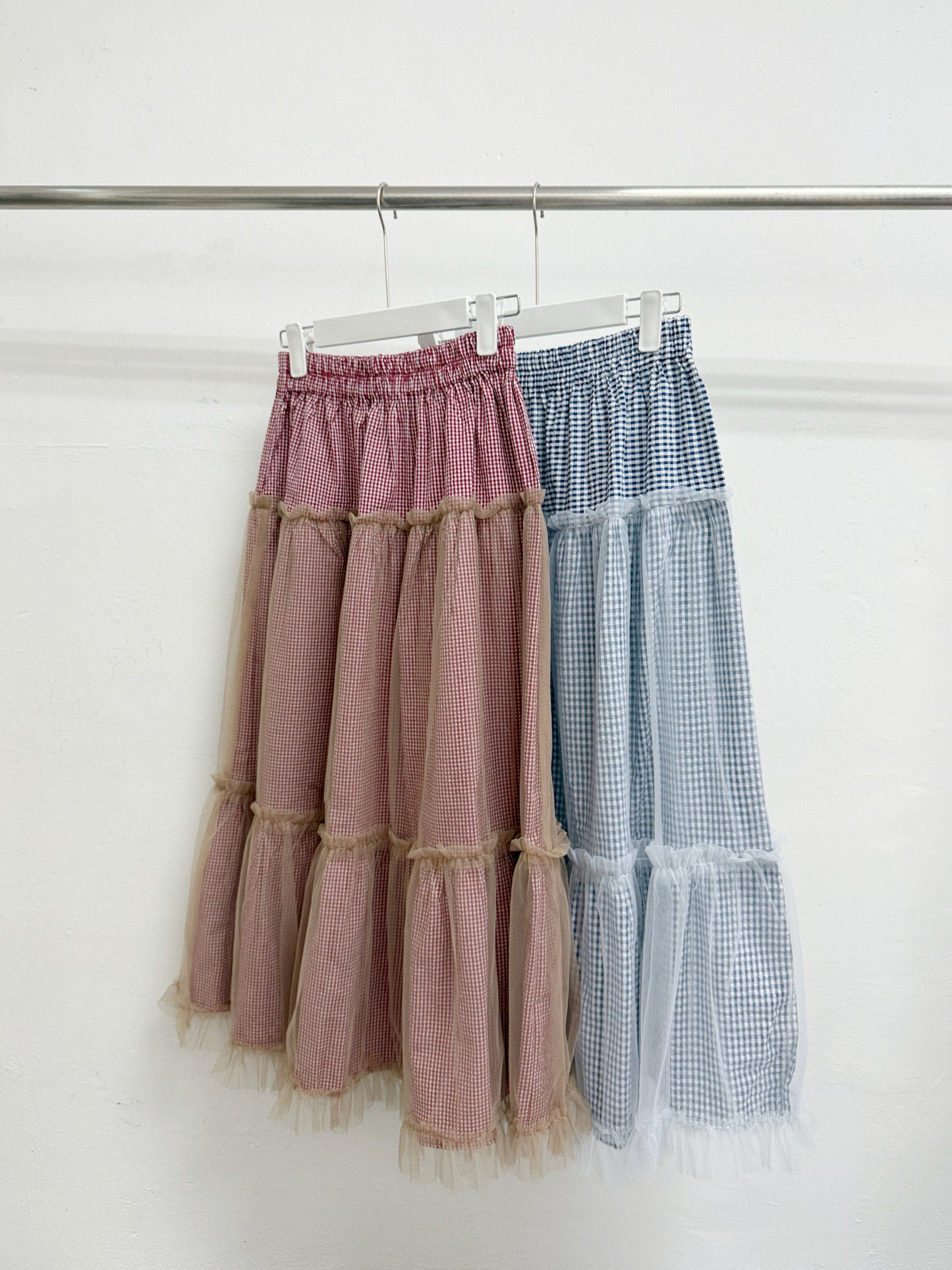 【SALE】泡泡棉格紋拼紗半身裙丨紅