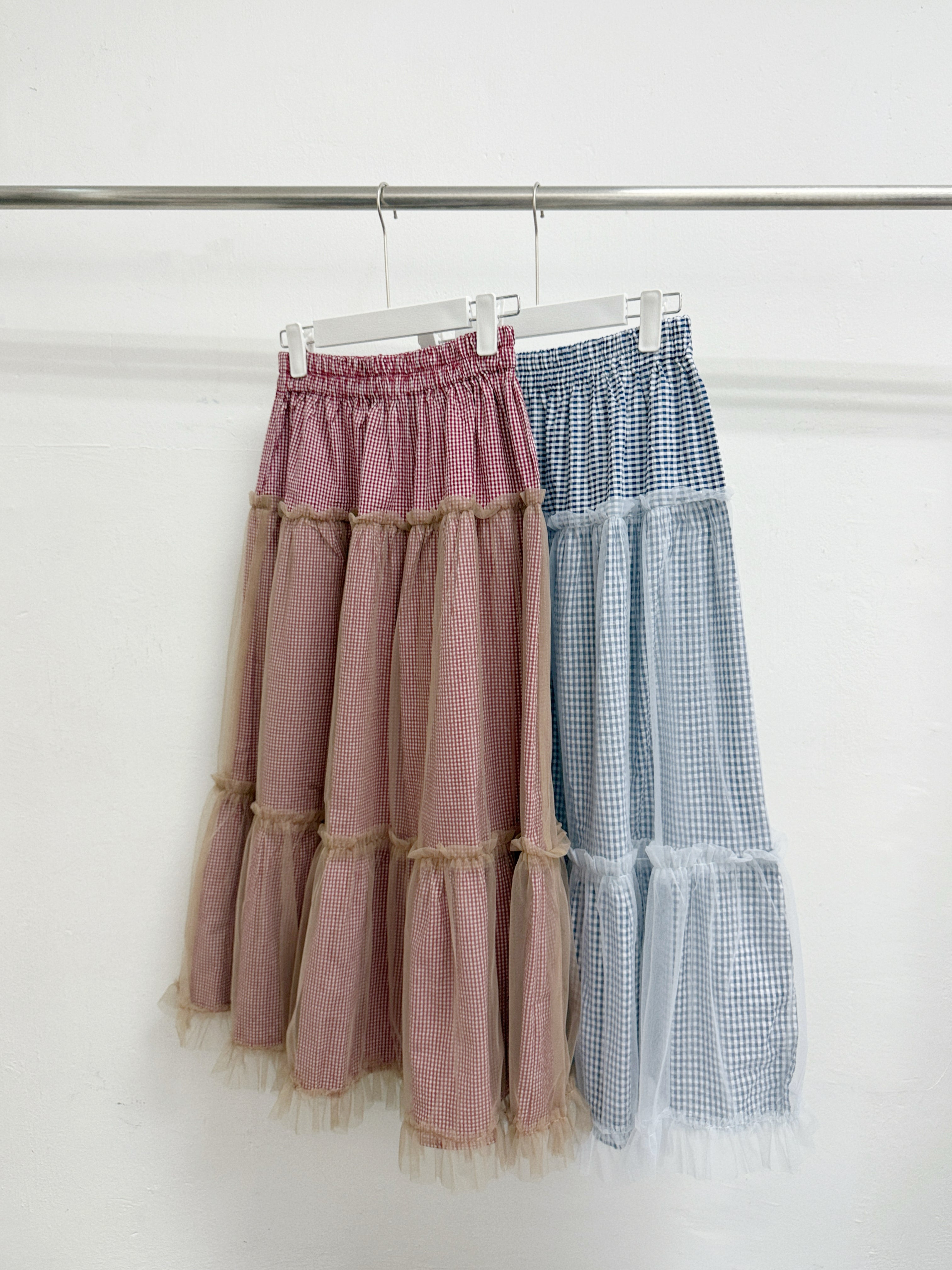 泡泡棉格紋拼紗半身裙丨2 col