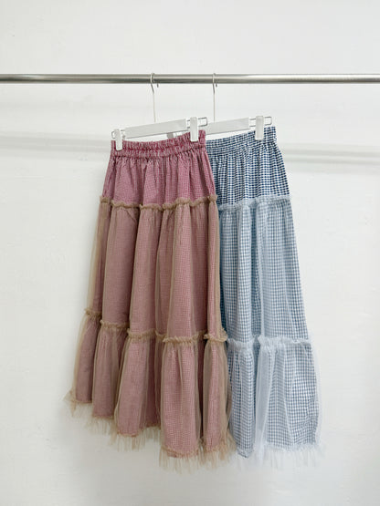 【SALE】泡泡棉格紋拼紗半身裙丨紅