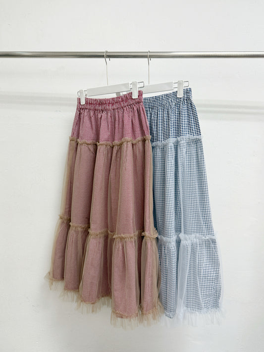 【SALE】泡泡棉格紋拼紗半身裙丨紅