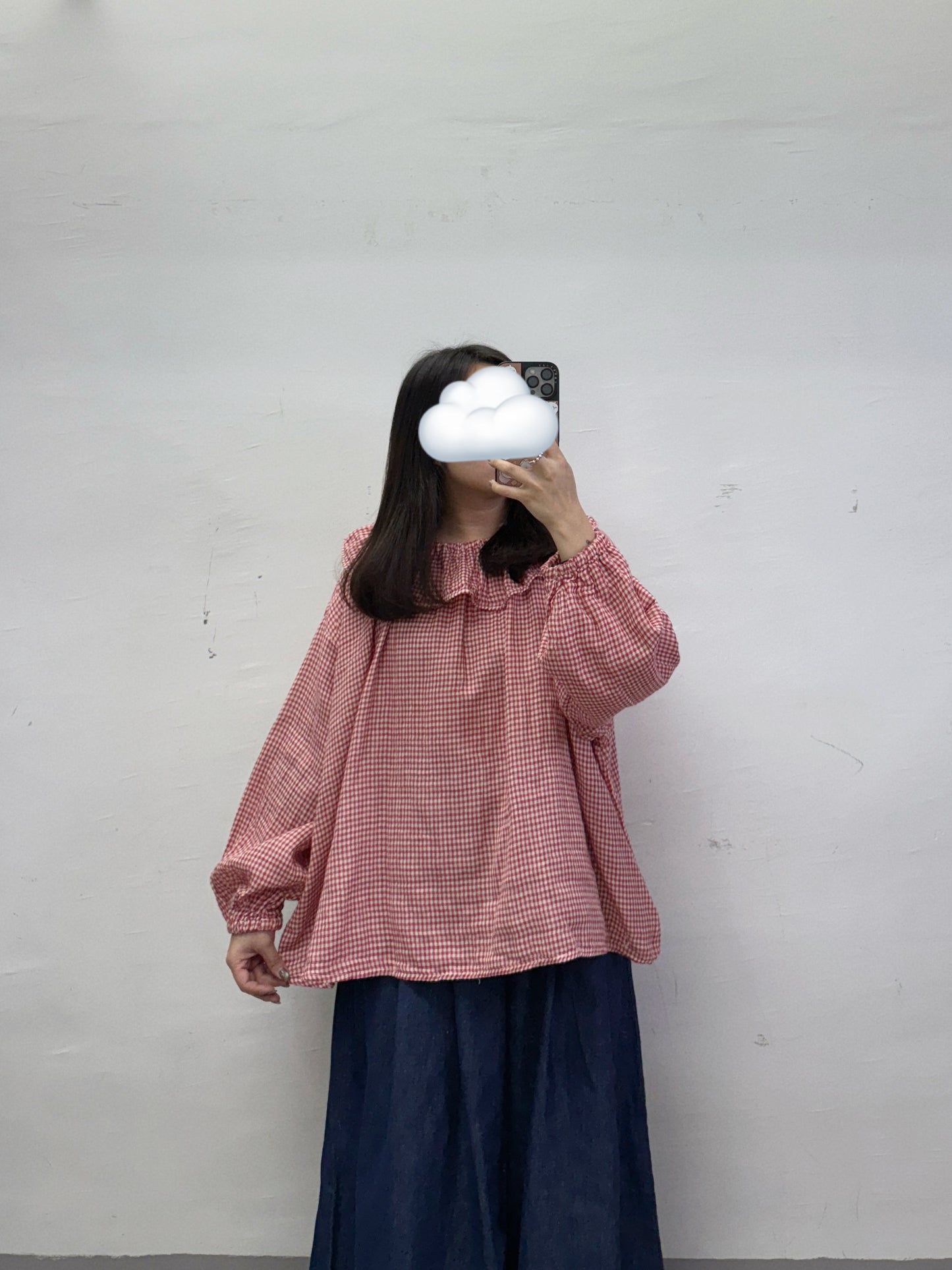 【SALE】格紋荷葉領bb棉上衣丨紅